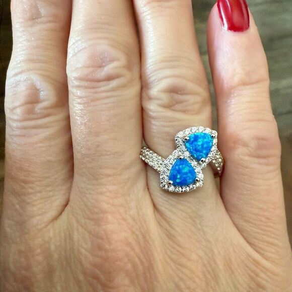 Sterling Silver Blue Lab Opal Double Trillion Ring | CZ Halo | New - Picture 5 of 5